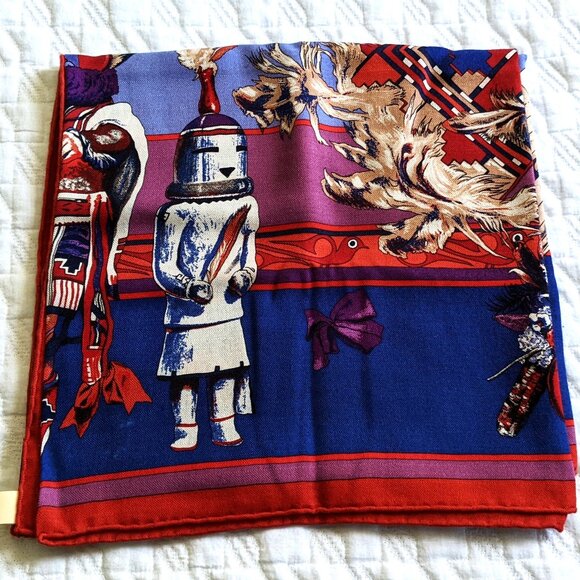 NWT Hermes Cashmere Silk Kachinas Kermit Oliver 140cm 54" Blue Red Shawl Scarf - Picture 7 of 12